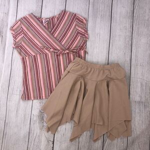 Cylinder Girls v-neck stripe top & angle cut skirt set pink & tan sz 7 girls